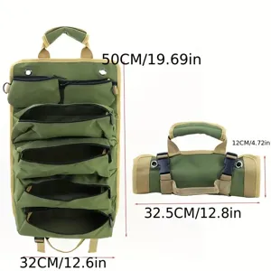 Dettaglio della borsa portautensili arrotolabile con tasche multiple e dimensioni.