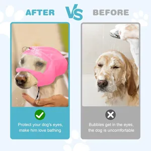 Waterproof pet bath cap detail showing visor and adjustable strap for safe dog bathing protection.
