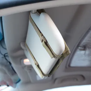 Car sun visor organizer detail view, tactical storage bag for auto interior accessories.