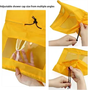 Adjustable waterproof dog shower cap details showing clear window and black drawstring.
