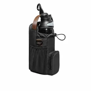 Black waterproof fitness water bottle pouch detail, multi-pocket design with hanging hook.
