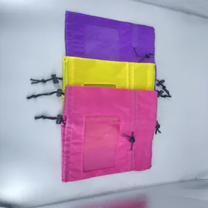 Colorful waterproof drawstring storage bags with clear window, portable travel organizer set.
