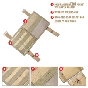 Tactical car sun visor organizer detail showing molle webbing, EDC pocket and secure straps.