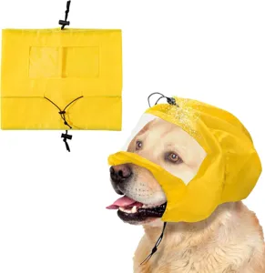 Waterproof dog shower cap and rain hood with clear window for bathing and outdoor use.