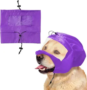 Waterproof dog shower cap and ear protection hood, transparent window, purple, pet bathing tool.