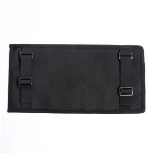 Car sun visor organizer detail view, black tactical panel with elastic straps and strong buckles.