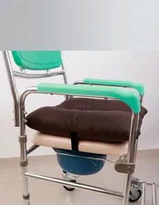 Detailed view of thickened chair cushion and commode structure for elderly care comfort.