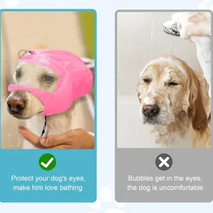 Waterproof dog shower cap for bathing, clear pet ear and eye protection cover with adjustable cord.