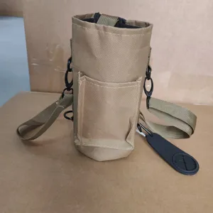 Tactical khaki water bottle pouch, outdoor fitness messenger bag with strap and magnetic tag.