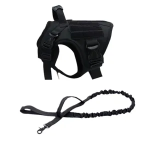 Tactical dog harness and leash set, black heavy duty nylon pet chest strap for outdoor training.