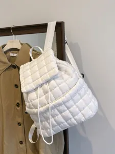 White quilted puffer backpack, down cotton fluffy rucksack, casual Korean style student school bag.