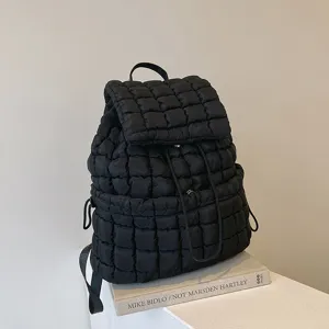 Black quilted puffer backpack casual daily daypack soft down cotton school bag travel