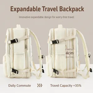 Versatile beige travel backpack with expandable design, large capacity and multiple compartments.