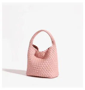 Pink leather woven handbag chic tote shoulder bag premium design daily commute stylish