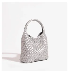 Silver woven leather handbag for women, chic top handle tote bag for daily commuting and resort.