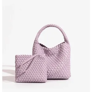 Lavender woven leather handbag set with matching pouch, stylish casual everyday tote bag.