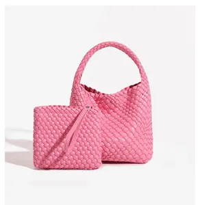 Pink genuine leather woven handbag set stylish hobo shoulder bag and clutch for women travel