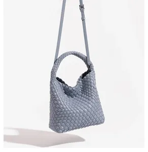 Light grey blue woven leather handbag, trendy crossbody and shoulder bag for women daily commute.