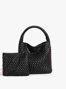 Black genuine leather woven handbag set, chic hobo tote and pouch for women commute travel.