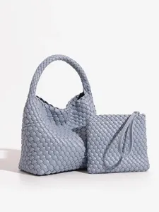 Elegant leather woven hobo handbag and matching clutch set in light grey, stylish and spacious.