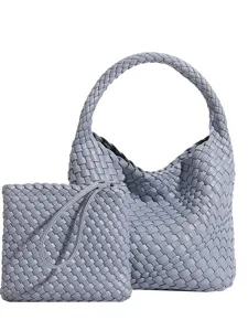 Elegant grey woven leather hobo handbag set with matching pouch for women daily commuting style.