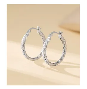 Boucles d'oreilles créoles rondes en argent sterling S925 texture de glace pilée détail.