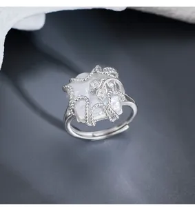 Silver baroque pearl ring, geometric square open design with twisted rope and zircon leaf.