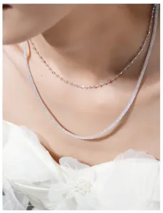 Detailed view of a fashionable silver layered necklace with delicate chain and wide mesh choker.