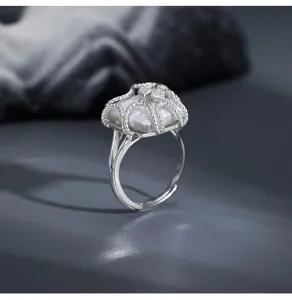 925 Sterling Silver Baroque Pearl Ring Geometric Square Open Finger Ring Elegant Jewelry