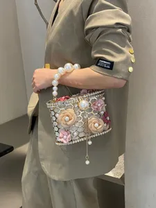 Elegante Borsa da Sera con Perle Strass Metallo Donna Borsetta per Festa Matrimonio