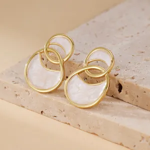 Pendientes de Botón de Cobre Chapado en Oro Vintage Francés Doble Anillo Esmalte Gota Esmalte Geométrico Irregular Con Poste de Plata de Ley 925 para Mujer Joyería
