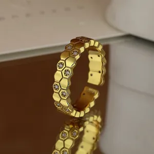 Bague Ouverte en Argent Sterling 925 Nid d'abeille pour Femme Géométrique Hexagone Incrustée de Zirconia Ajustable Bijoux