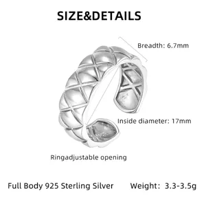 Anillo ajustable acolchado de plata esterlina 925 clásica joya geométrica de moda chic