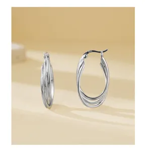 Gedetailleerd overzicht van elegante zilveren ovale oorbellen met meerdere ringen.