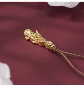Gold-plated S925 sterling silver Chinese style vajra dragon pendant necklace with diamonds.