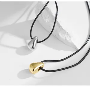 Collier pendentif goutte d'eau en métal minimaliste avec cordon noir bijou tendance