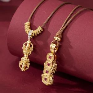 925 Sterling Silver Vajra Pestle Pendant Necklace Neo-Chinese Style Pixiu Coin Rhinestone Inlaid Long Adjustable Rope Chain For Women
