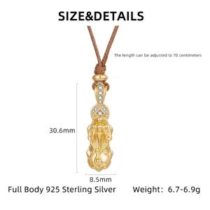 S925 sterling silver Chinese style vajra pestle pendant necklace with adjustable brown cord.