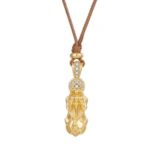 S925 sterling silver gold-plated long sweater chain with Chinese style beast pendant and sparkling zircon.