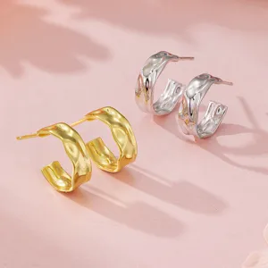 Boucles d'Oreilles Clous en Argent Sterling 925 Géométriques Irrégulières Froissées Mode Texture Papier Aluminium Bijoux Femme Cadeau