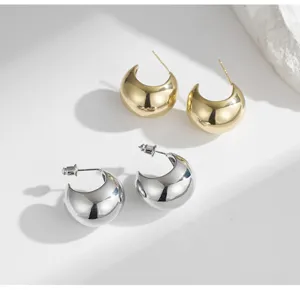 Glossy C-shaped metal hoop earrings for women, minimalist copper daily jewelry in gold and silver.