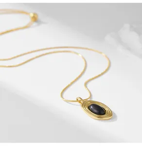 Collier pendentif pierre noire ovale doré élégant bijoux mode chaîne pull pour femme