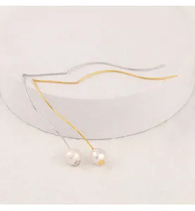 Elegantes pendientes largos de plata 925 en forma de S con perlas, joyería de moda minimalista.