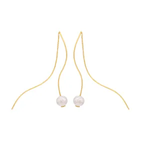 Elegantes pendientes largos de plata 925 dorados en forma de S con perla para mujer moda.