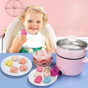 Silicone baby food mold set with steamer for cute cartoon cake baking and steaming.