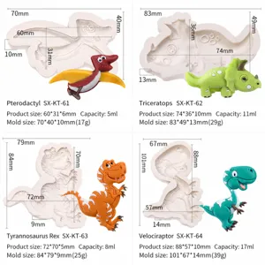 Dinosaur silicone mold set for fondant, chocolate and cake decoration with 4 cute animal designs.