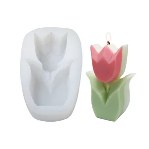 Molde de vela de silicona de tulipan y vela aromatica terminada para manualidades DIY artesania.