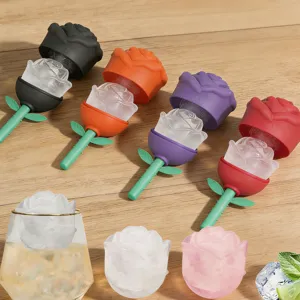 Silicone rose ice mold tray for whiskey and cocktails, flexible floral ice maker tool.
