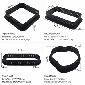 Perforated tart ring mold baking tool set with square rectangular oval and heart shapes size guide