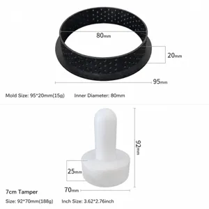 Perforated tart ring and pressing rod baking tool set with clear size dimensions.